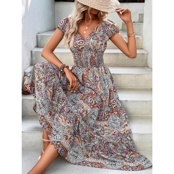 boho gypsy Paisley Print Shirred Detail Ruffle Hem Dress - Picture 11 of 12